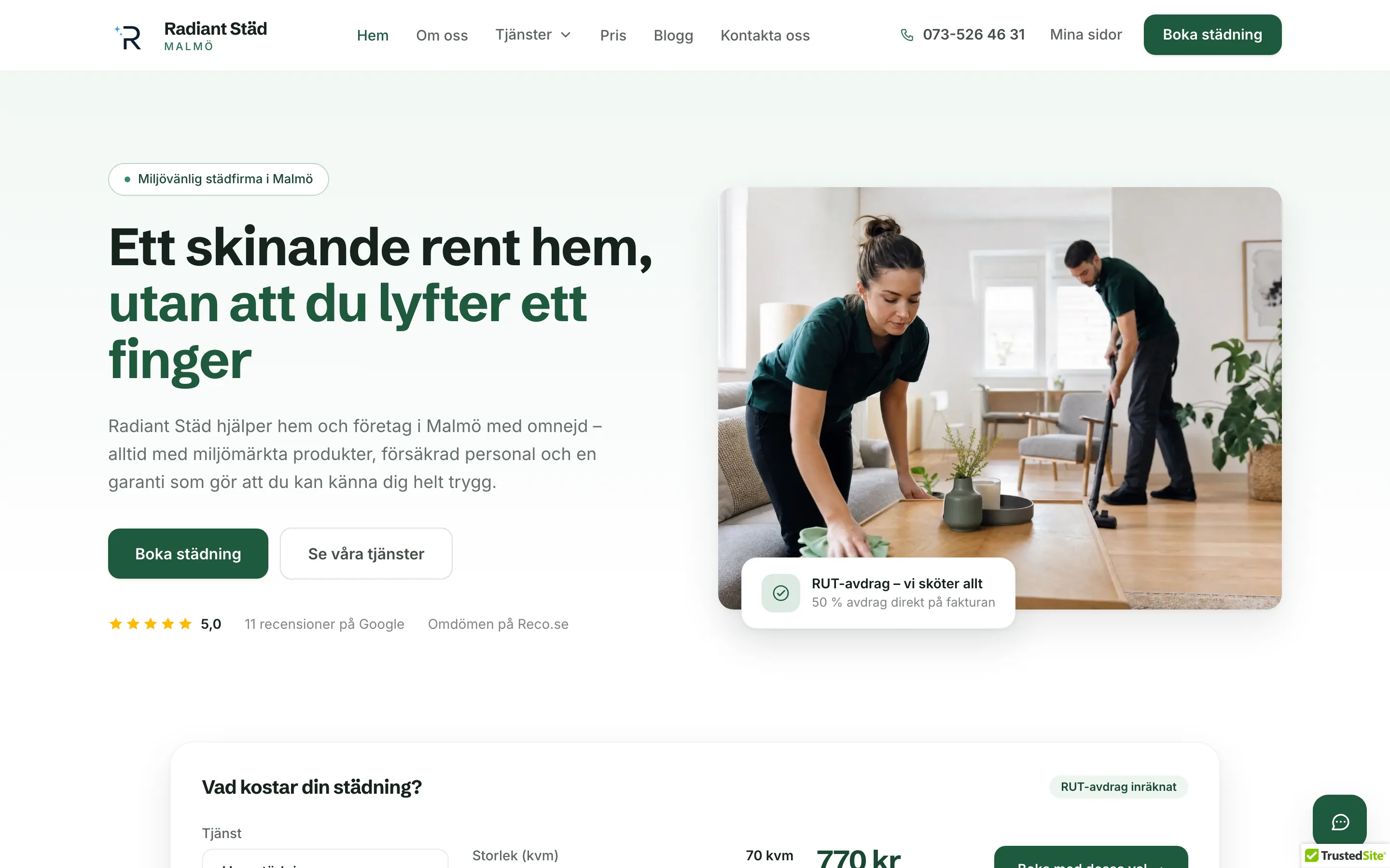 Skärmdump av Radiant Städs hemsida — bokningssystem och grön skandinavisk design byggd av Norra Studio