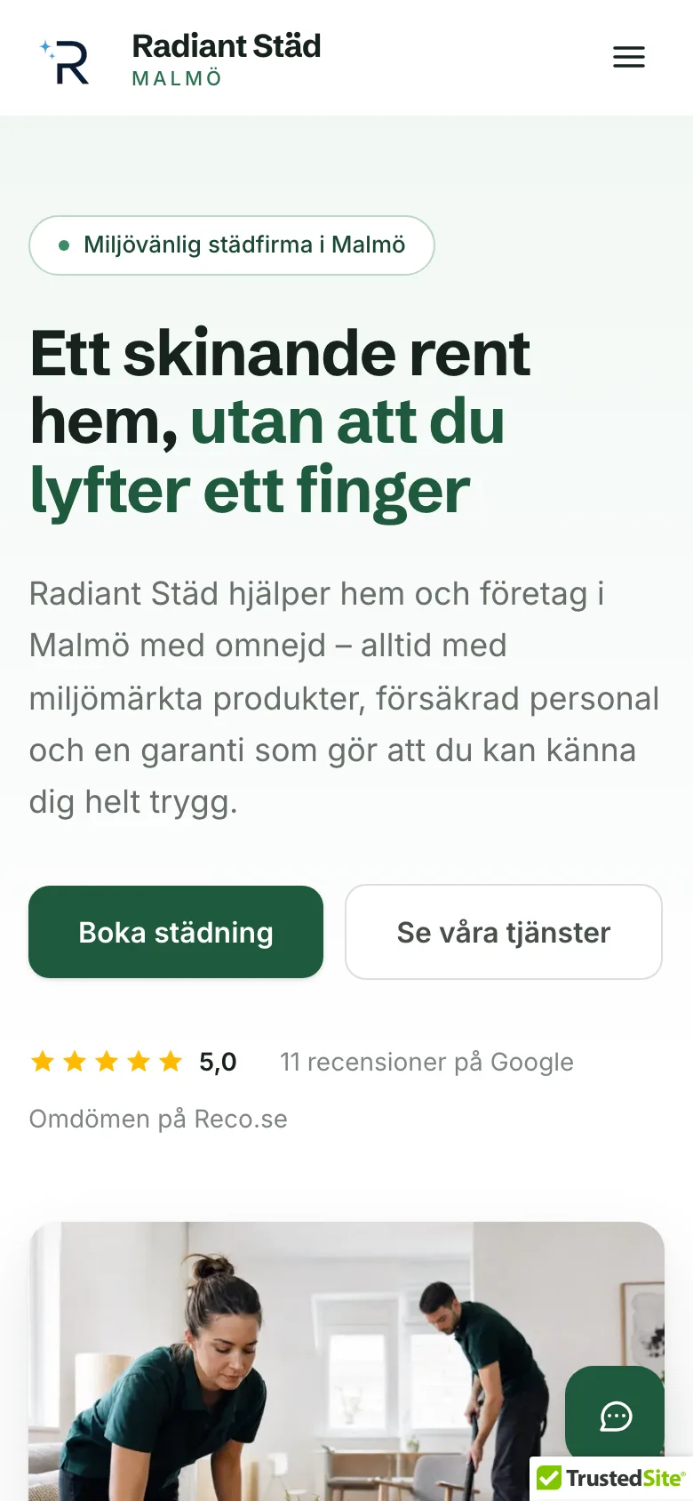 Radiant Städs hemsida i mobilen: bokningsflödet anpassat för telefon